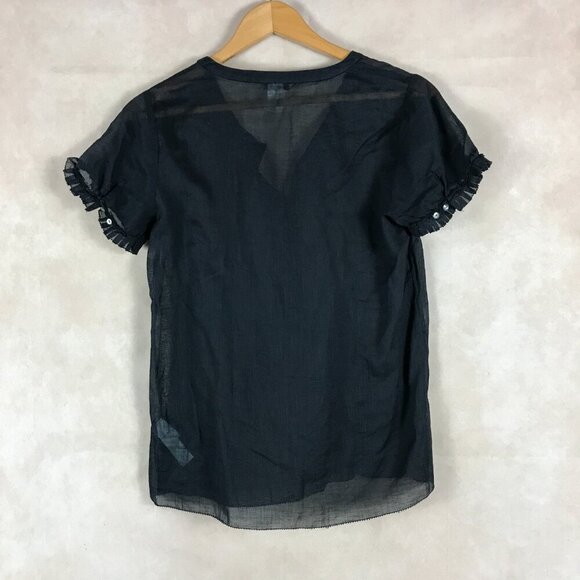 J.CREW Black Ruffled Semi-Sheer Partial Button Top Size 4 - Picture 4 of 7